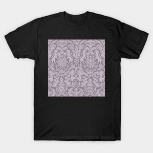 Grey on Grey Weird Medieval Lions, Cherubs, and Skulls Scrollwork Damask T-Shirt